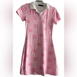 Hello Kitty Plaid & Cartoon Graphic Polo Neck Dress Pink S SHEIN